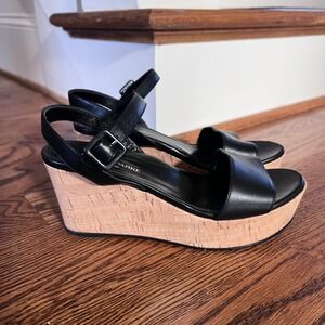 Marion Parke Black Leather Cork Platform Wedge Sandals Ankle Strap Made Italy 39